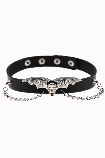 Gothic Winged Skull Women's Choker Adjustable Vegan Leather Necklace - Thunder