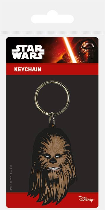 Star Wars Chewbacca keychain on packaging with Disney logo.  This authentic keychain sold at Nerd Imports is made of soft PVC and Chewy's face is approximately 2.5 inches.