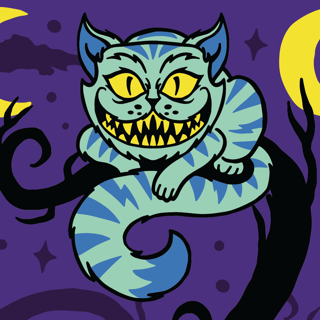 Cheshire Cat Crew Socks front view — Alice in Wonderland Cheshire Cat grinning design on gothic crew sock