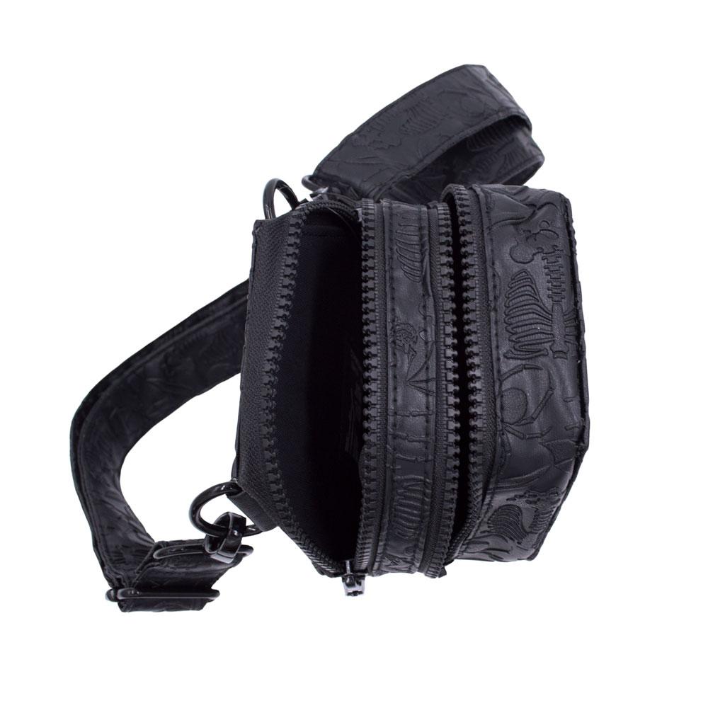 top view of our embossed coffin bag with both zipper pockets open