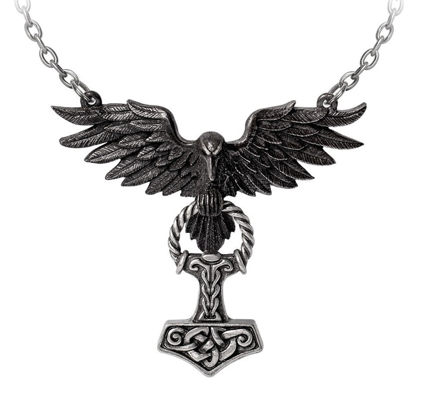 Alchemy Hrafnhamerr Pendant Necklace of Raven with Mjolnir, Hammer of Thor