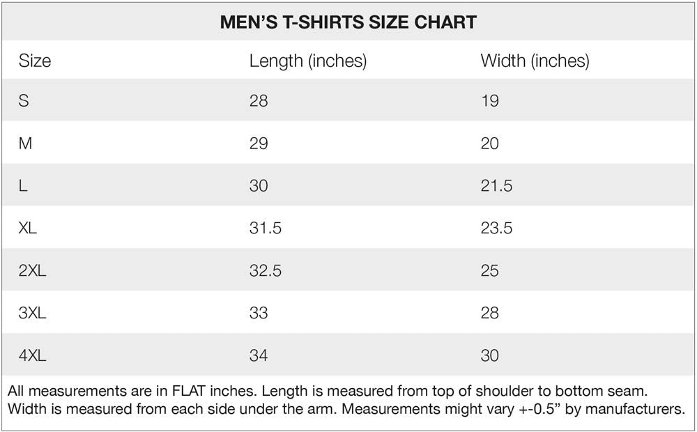 Size Chart for the Aaliyah shirts