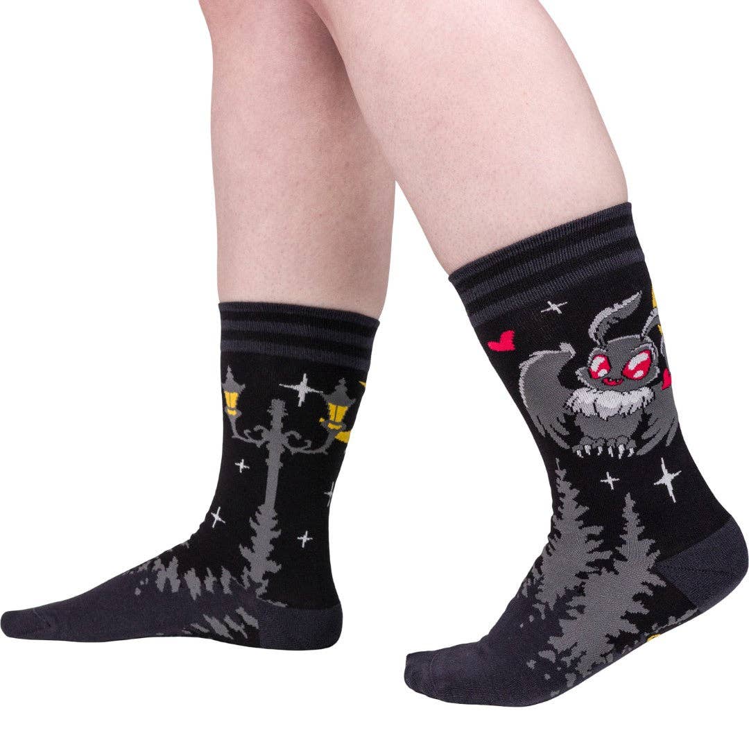 Cute Mothman Crew Socks front view — adorable kawaii Mothman cryptid design on gothic crew sock