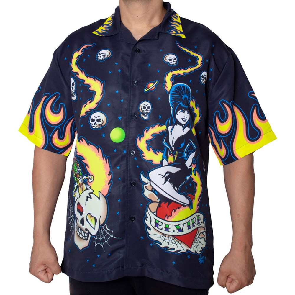 Elvira Mistress of the Dark Tattoo Flames Sublimated Button Down Shirt