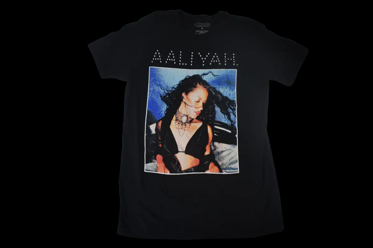 Men's t-shirt featuring a photo of Aaliyah, the Princess of R&B, in a black and white portrait.