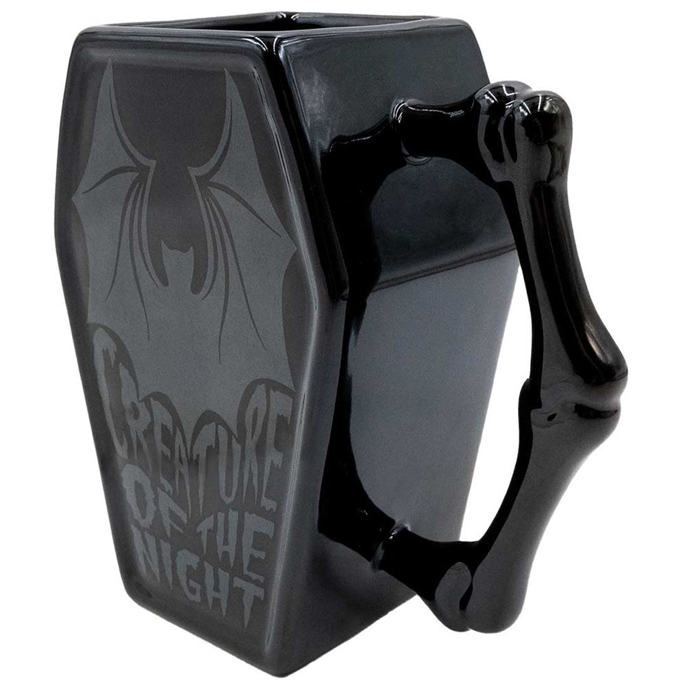Black Bat Coffee Mug Coffin Shaped with Bone Handle Creature Of Night