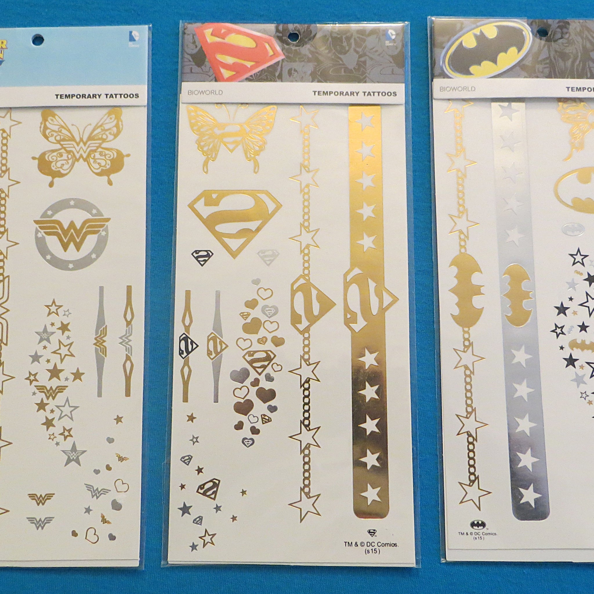 DC Comics Superman Batman Wonder Woman Temporary Tattoo Sheets 3-Packs