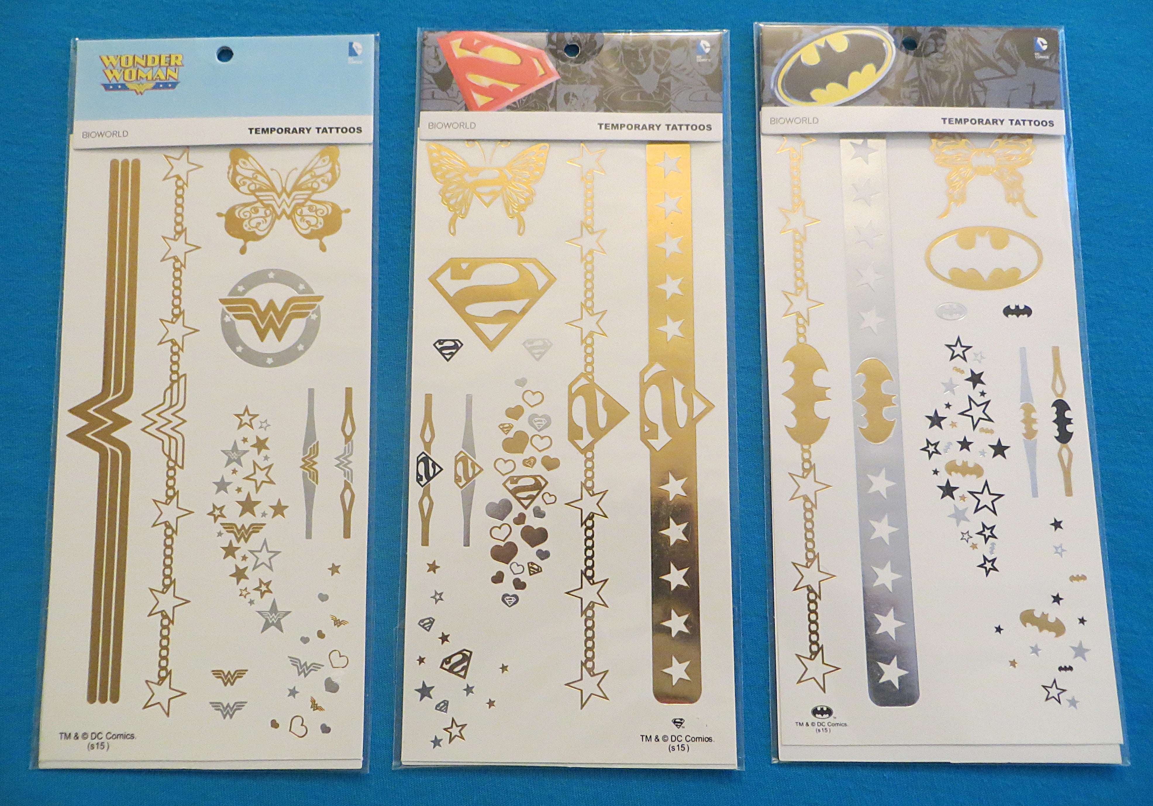 DC Comics Superman Batman Wonder Woman Temporary Tattoo Sheets 3-Packs