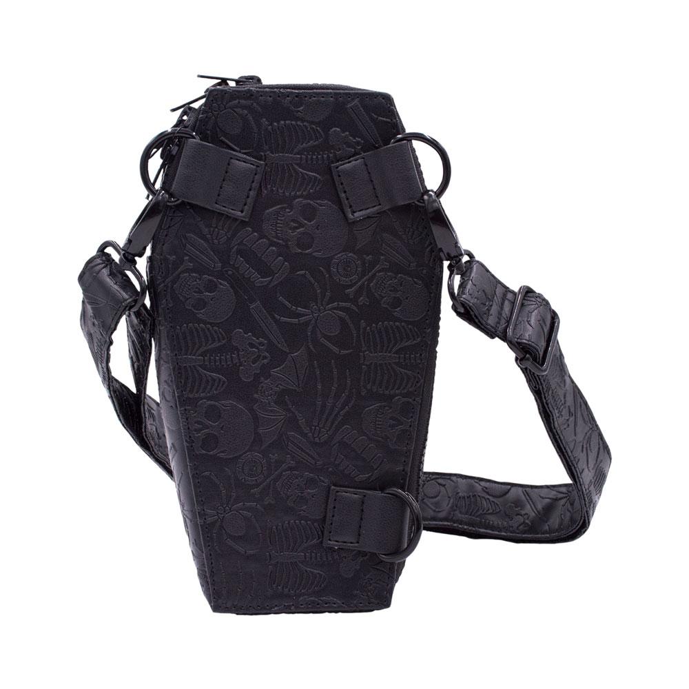 back side of the coffin hip pouch.  The embossed design has skulls, skeletons, spiders, knives, bats, fangs, eyeballs and bones!