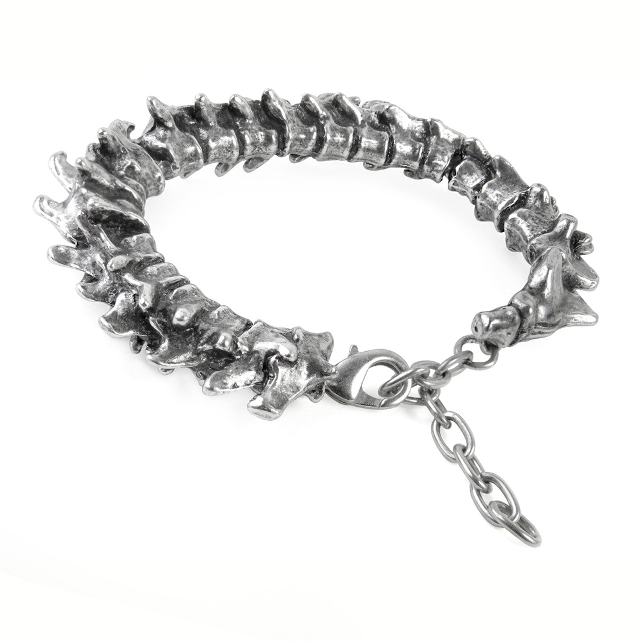 Silver-tone vertebrae bone bracelet with a unique design on a white background.  Handcrafted in England, this is authentic Alchemy pewter jewelry available at Nerd Imports.  