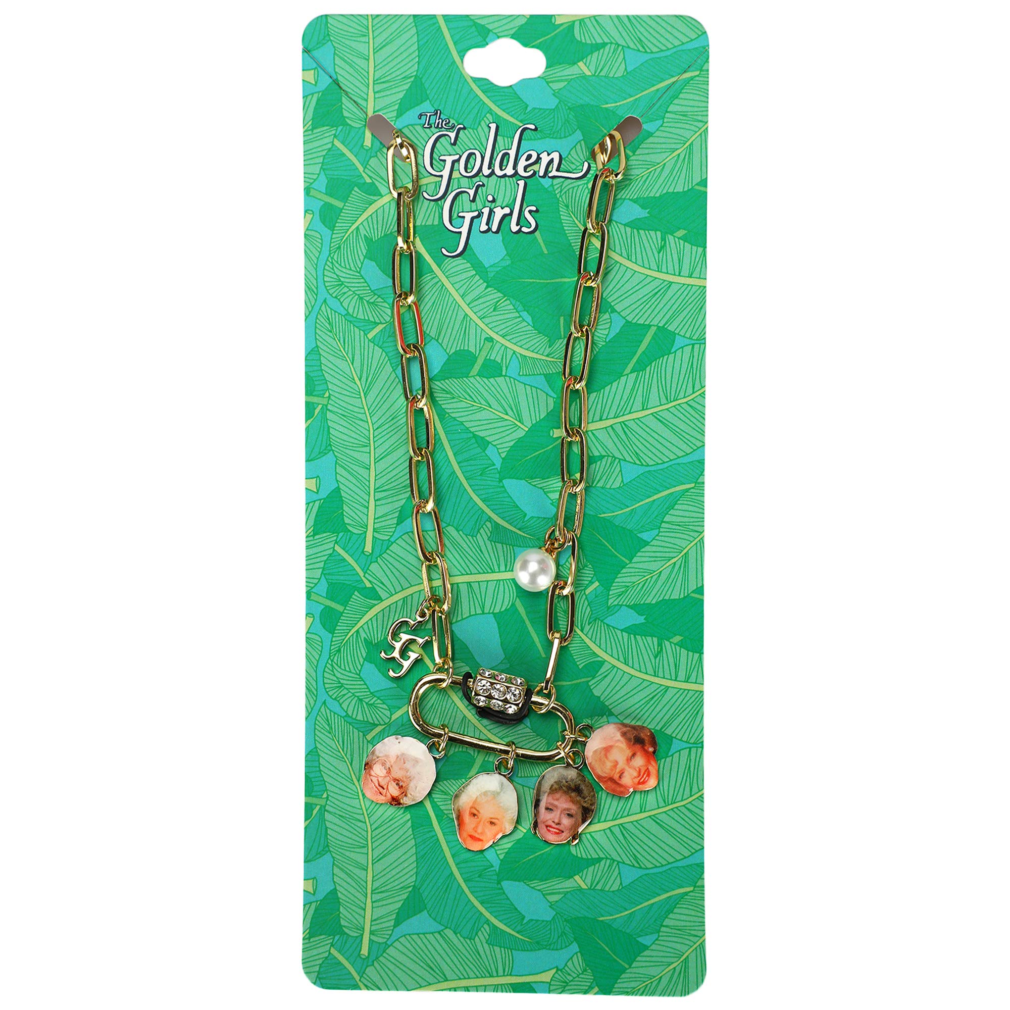 Golden Girls charm pendants necklace with 18 inch chain and 3 inch extender. Shown on the original cardboard insert. Pendant has a charm of Sophia, Dorothy, Blanche and Rose.