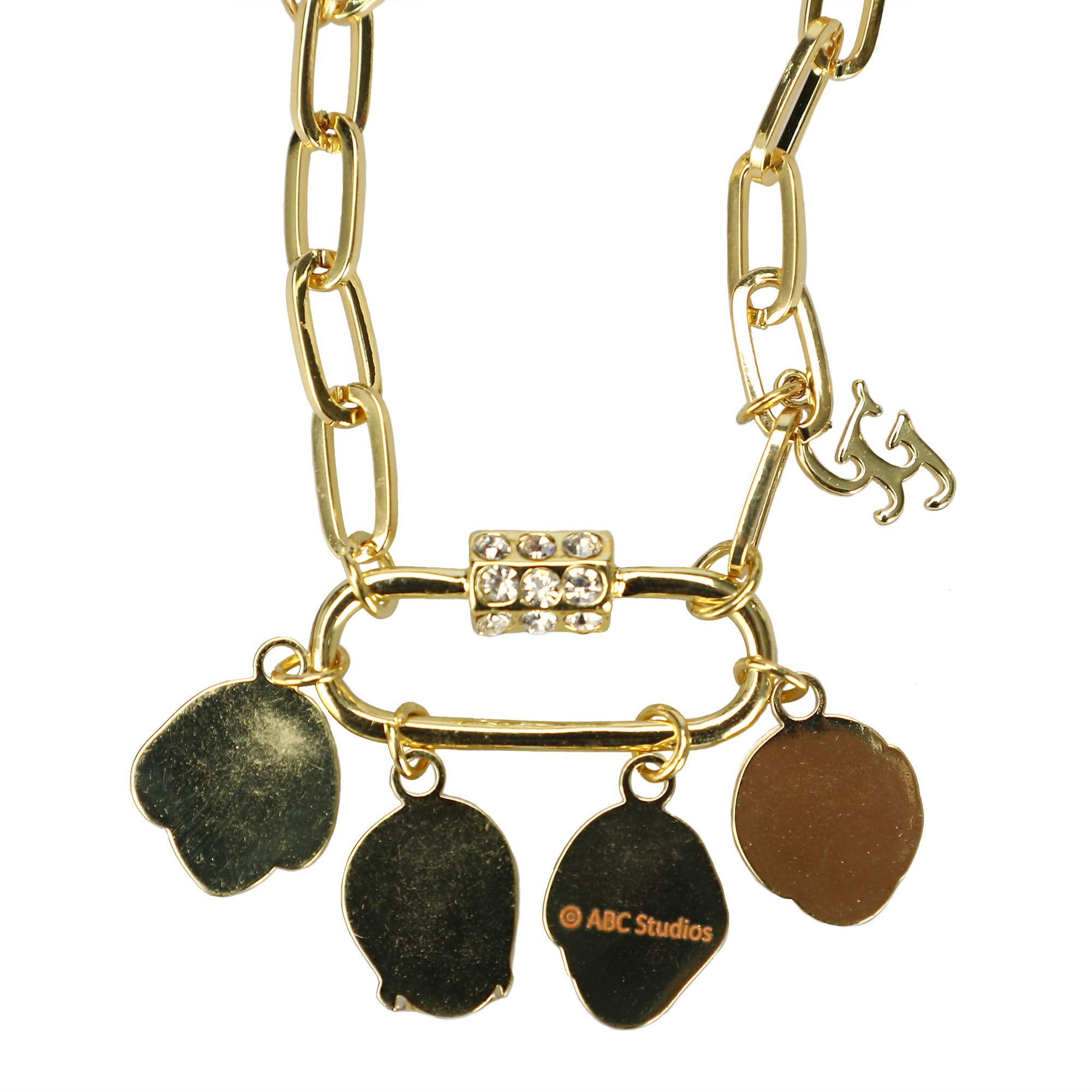 Closeup view of the back side of our Golden Girls charm necklace with 18 inch chain and 3 inch extender.  ABC Studios copyright stamped on Dorothy's reverse.