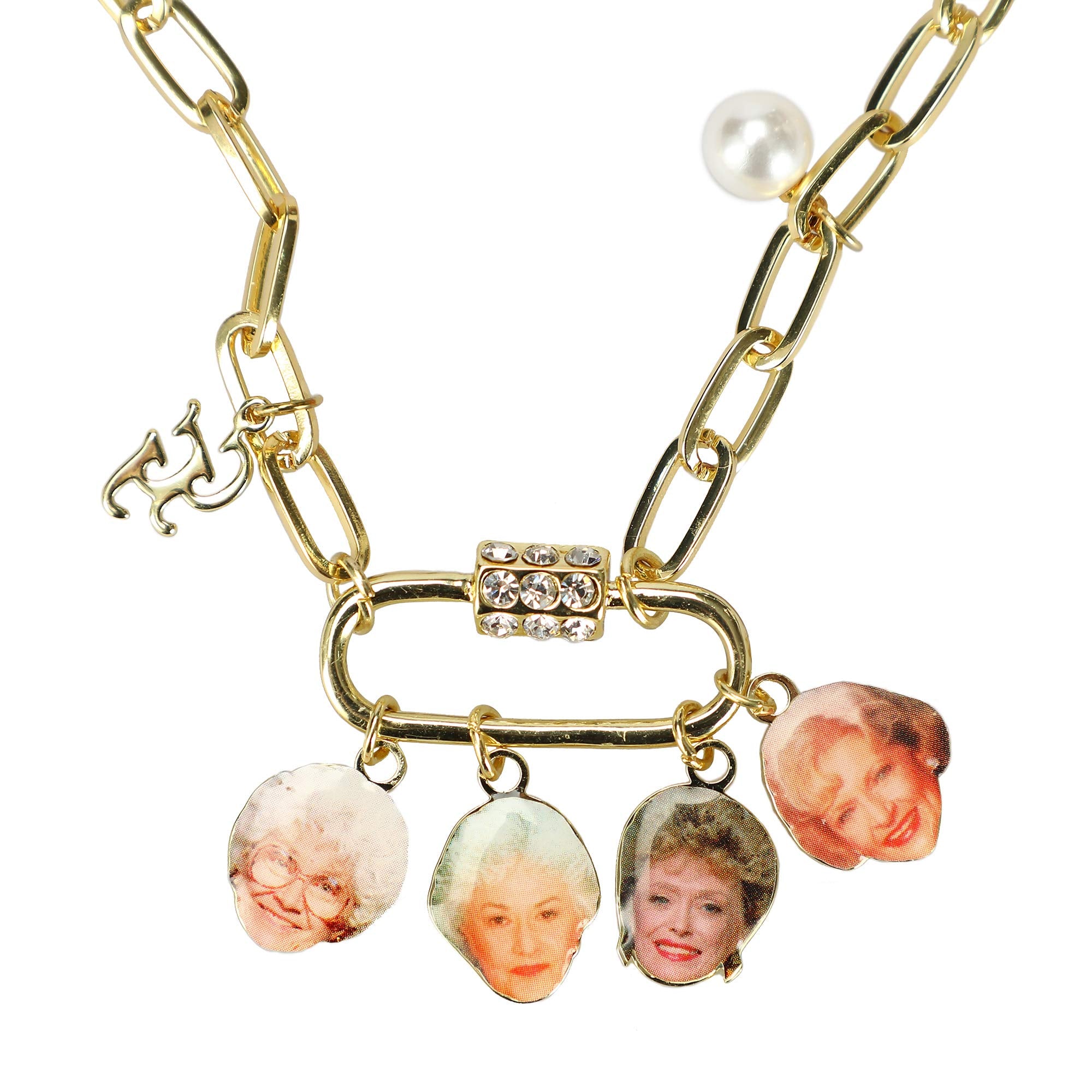 Closeup view of the Golden Girls charm necklace with 18 inch chain and 3 inch extender.  Shows Sophia, Dorothy, Blanche and Rose.