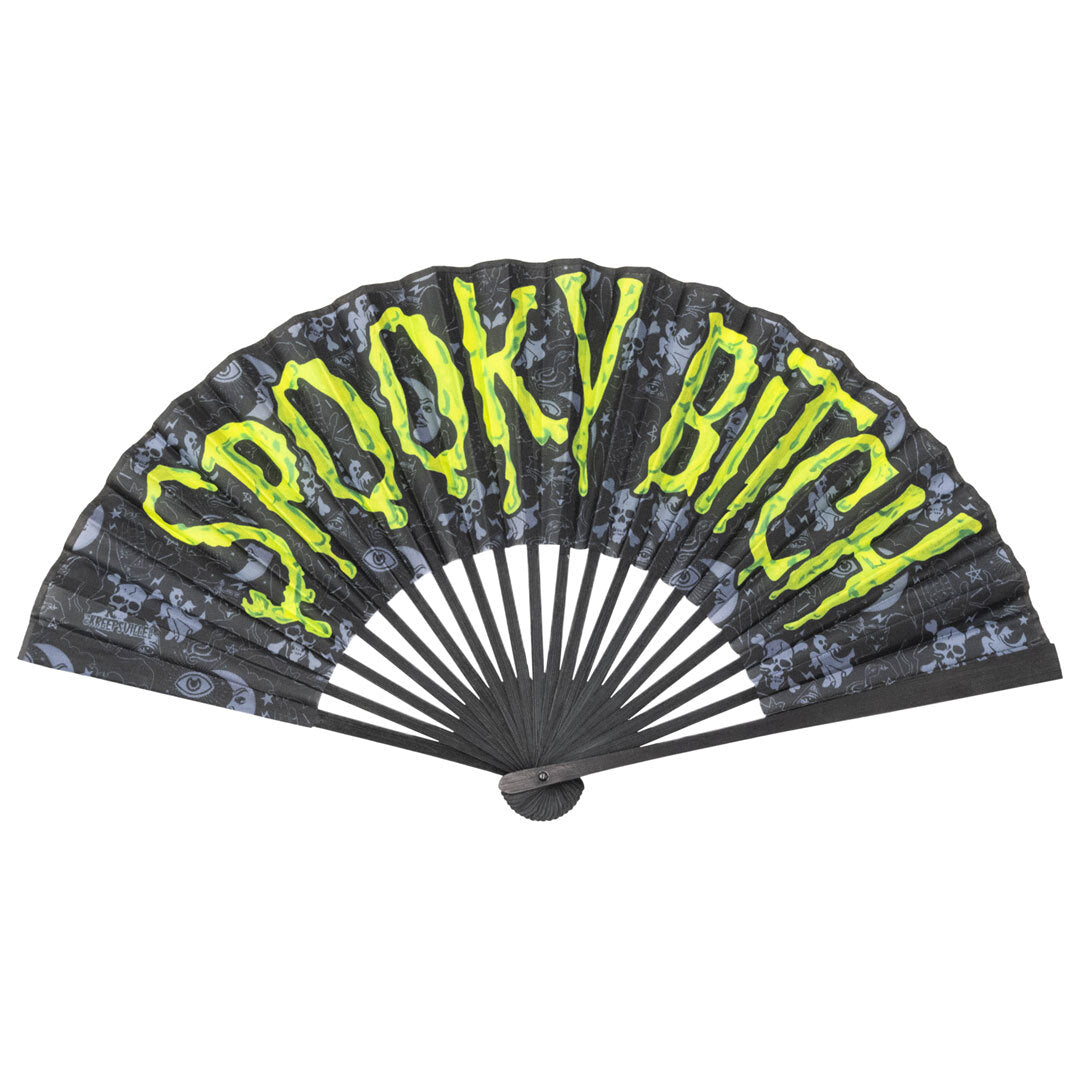 Spooky Bitch 16" Handheld fan available for purchase at Nerd Imports