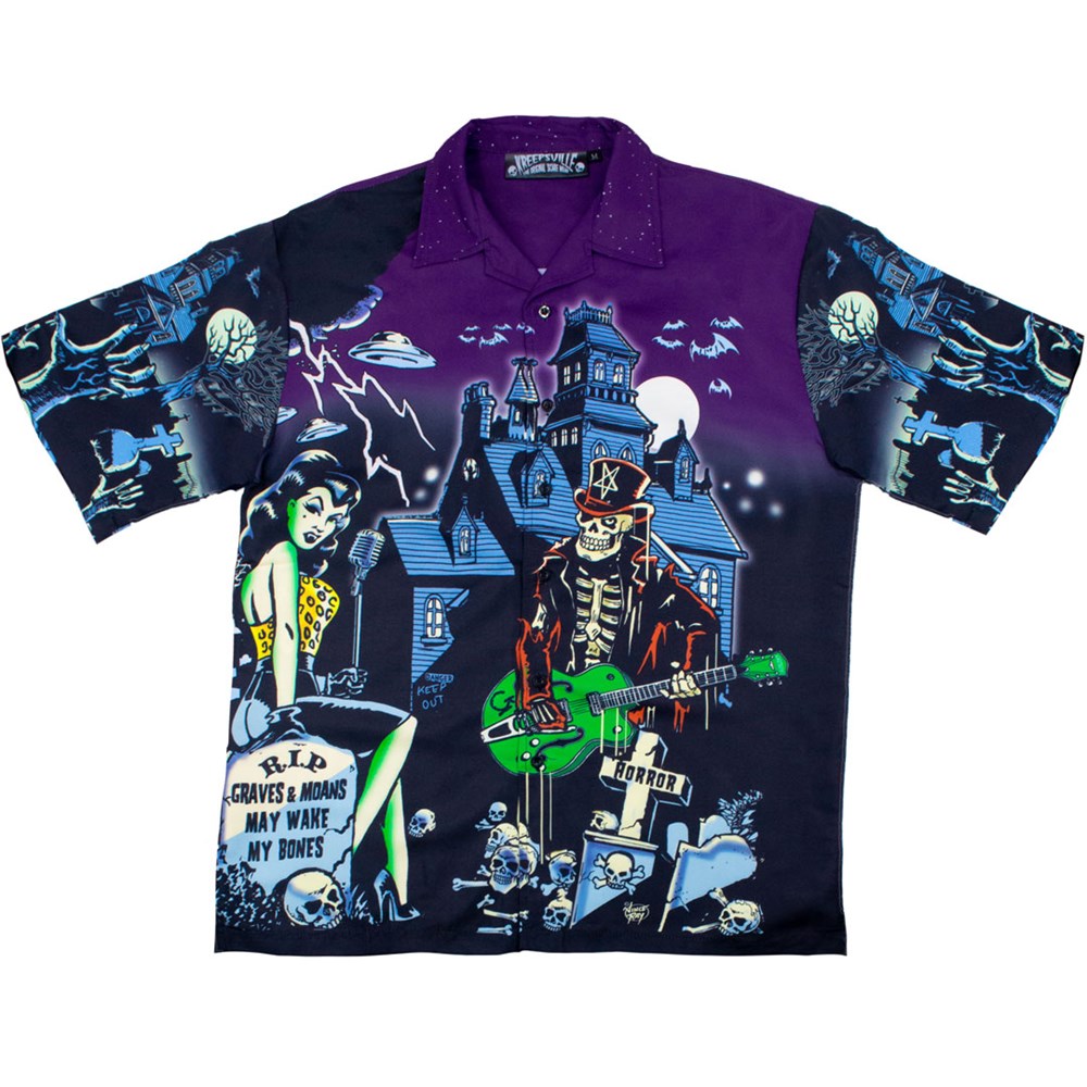 Rock n' Roll Horror Button-Down Shirt - Short Sleeve Collared with Unique Haunted House & Ghoul Print