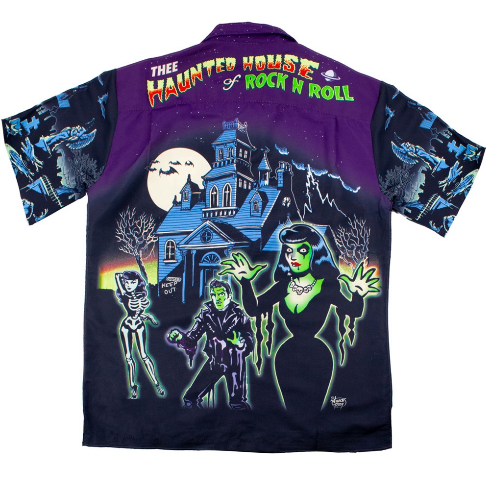 Rock n' Roll Horror Button-Down Shirt - Short Sleeve Collared with Unique Haunted House & Ghoul Print