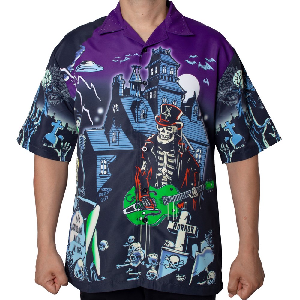 Rock n' Roll Horror Button-Down Shirt - Short Sleeve Collared with Unique Haunted House & Ghoul Print