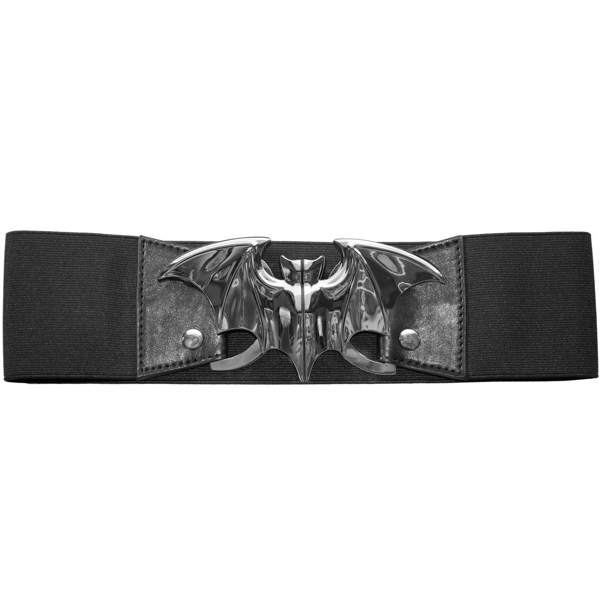 A black elastic belt featuring a large, highly polished silver metallic bat-shaped buckle in the center, flanked by textured black panels with small silver rivets.