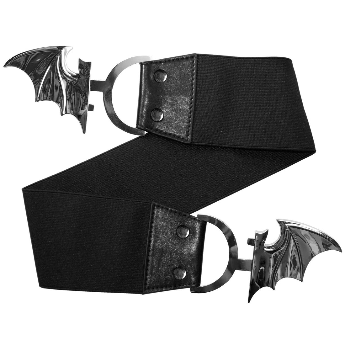 A black elastic belt featuring a large, highly polished silver metallic bat-shaped buckle in the center, flanked by textured black panels with small silver rivets.