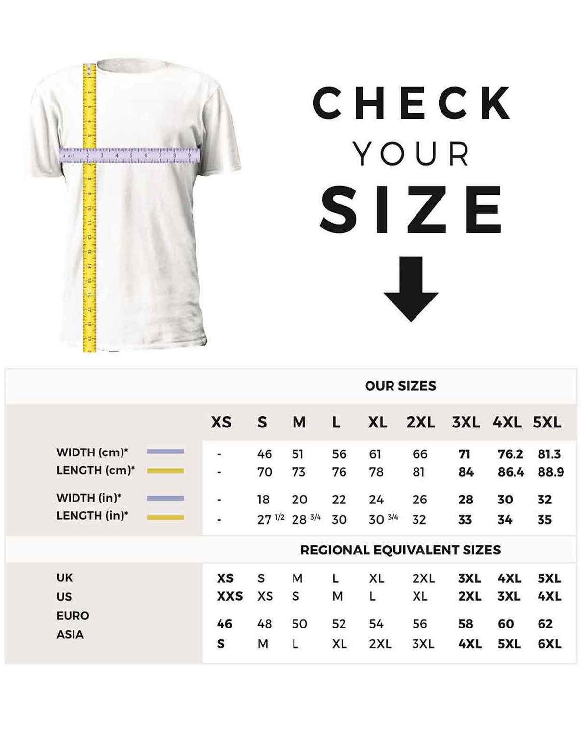 Size Chart for t-shirts sold at Nerd Imports and are made by Rock Off in Mens and Unisex sizes.