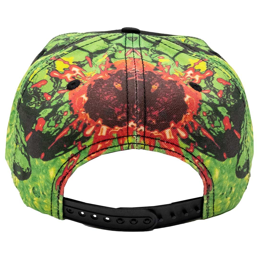 Back side of the zombie bite hat with adjustable snapback straps