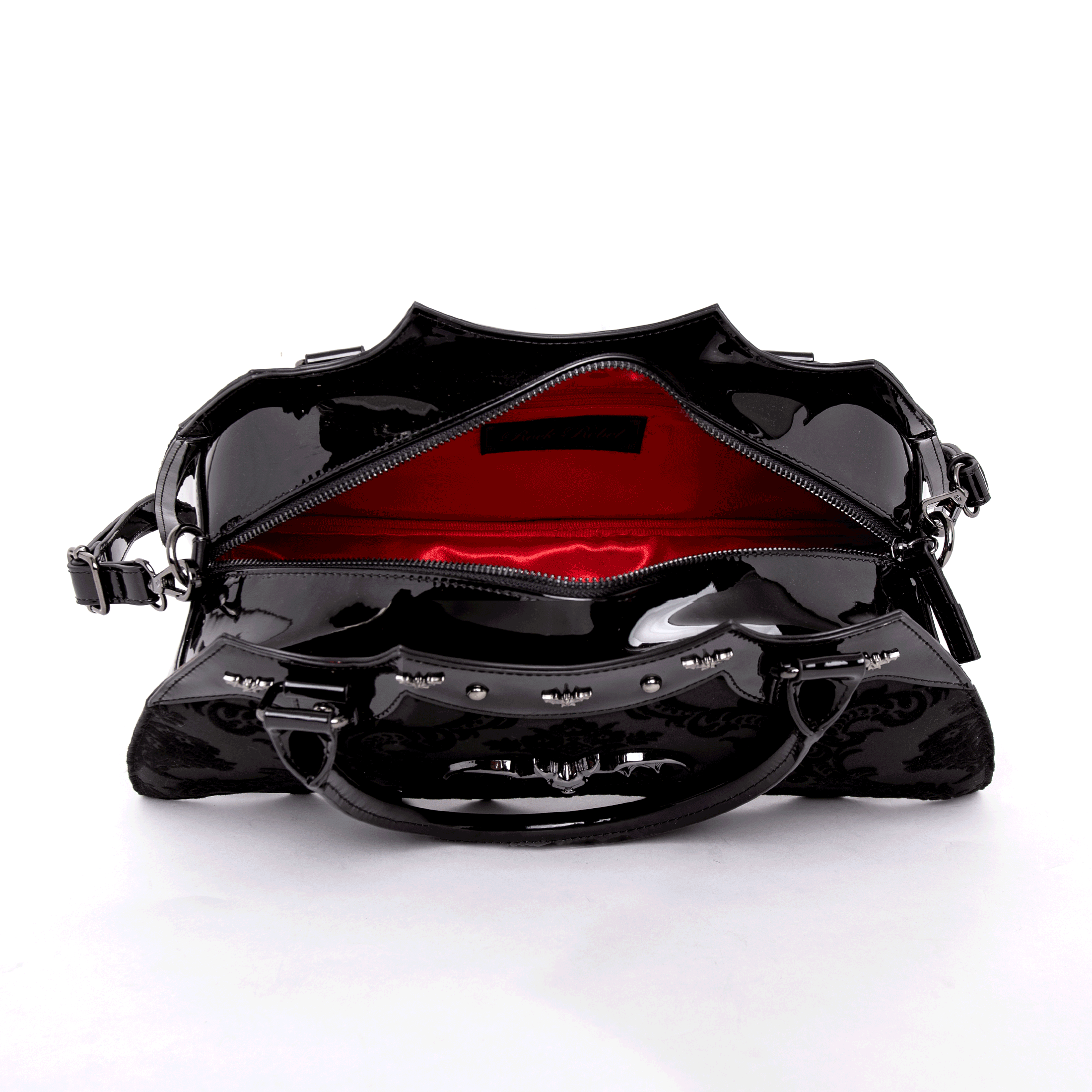 Bat Shaped Handbag with Damask Print and Metal Embellishments on Bag - Includes Shoulder Strap (Red)