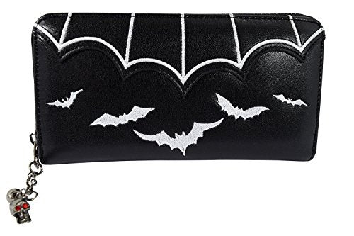 The Gotham Wallet is a women's zip around wallet with embroidered white bats on black faux leather.  Available at Nerd Imports