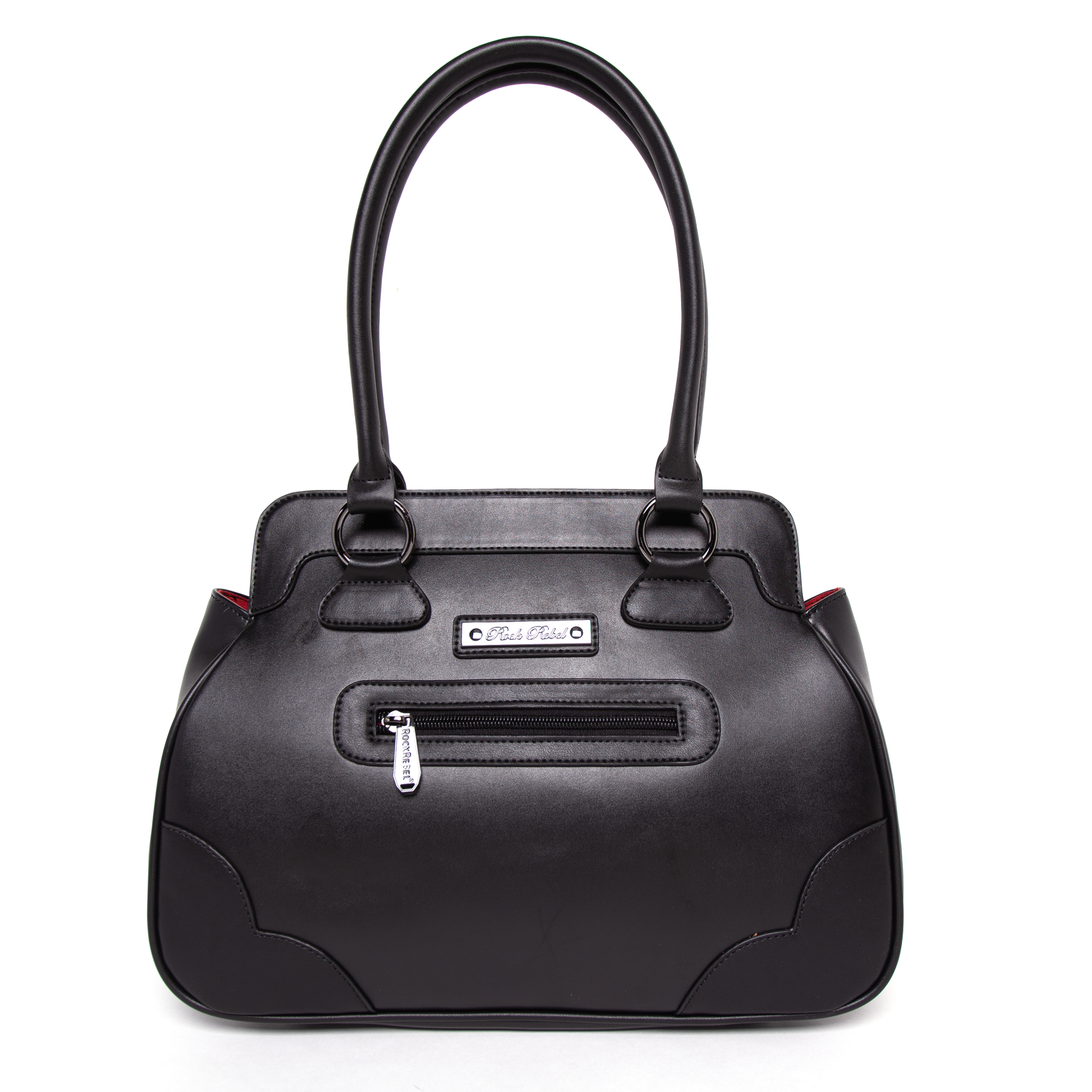 Back of Michael Myers Halloween II handbag featuring zippered pocket and official Rock Rebel logo plaque