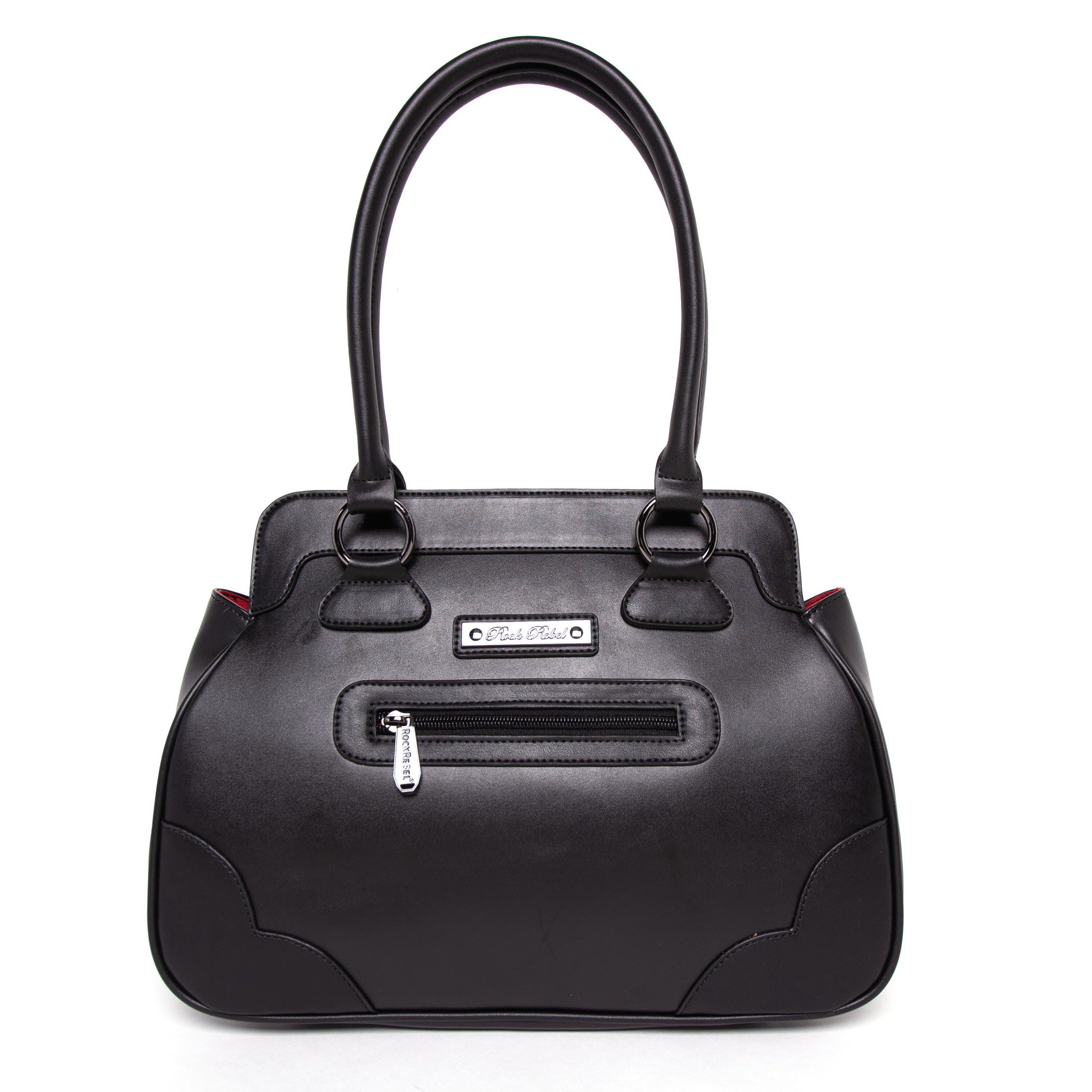 Back of Michael Myers Halloween II handbag featuring zippered pocket and official Rock Rebel logo plaque