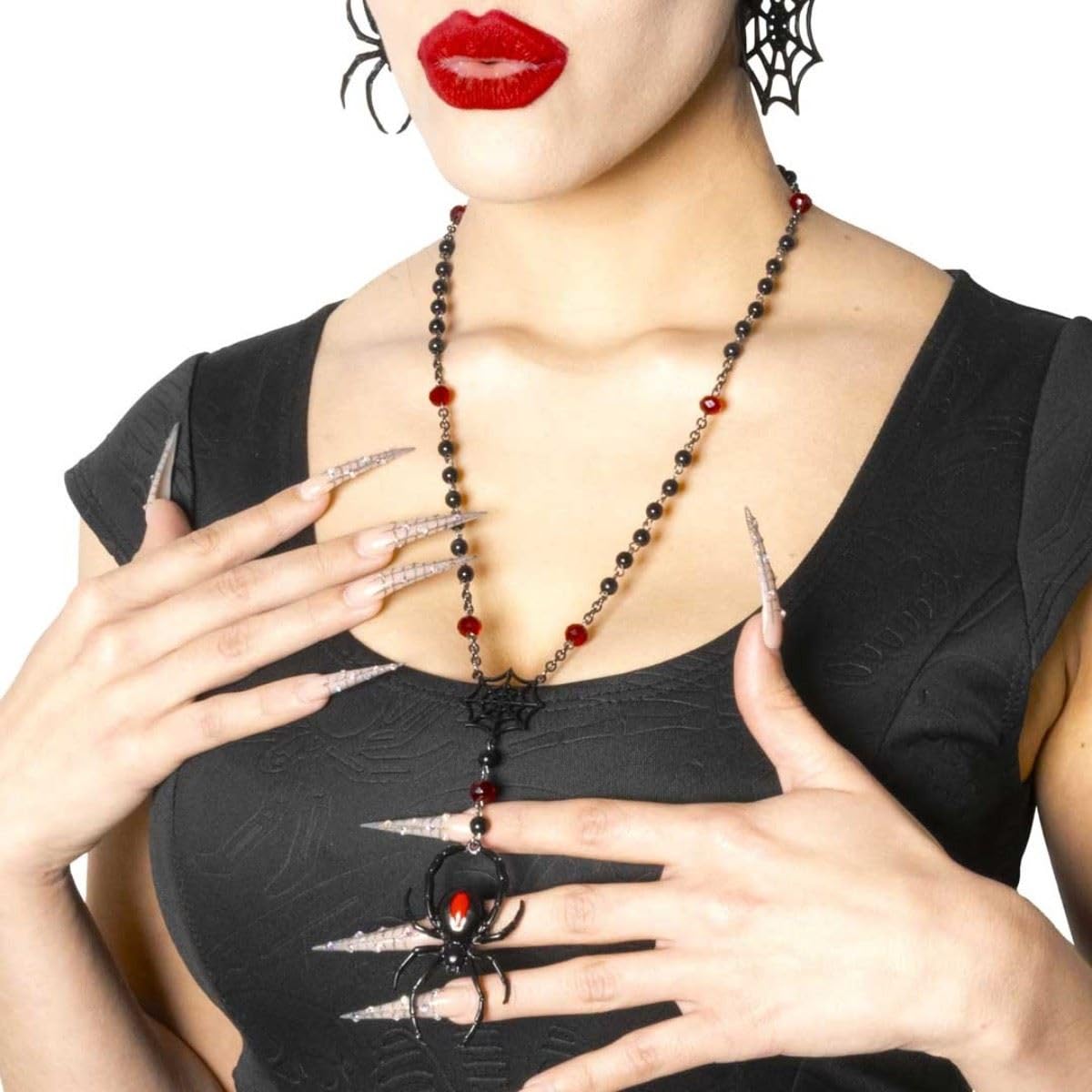 Black Widow Rosary Necklace on 24" Chain  & 2" Spider Charm Gothic Beaded Jewelry