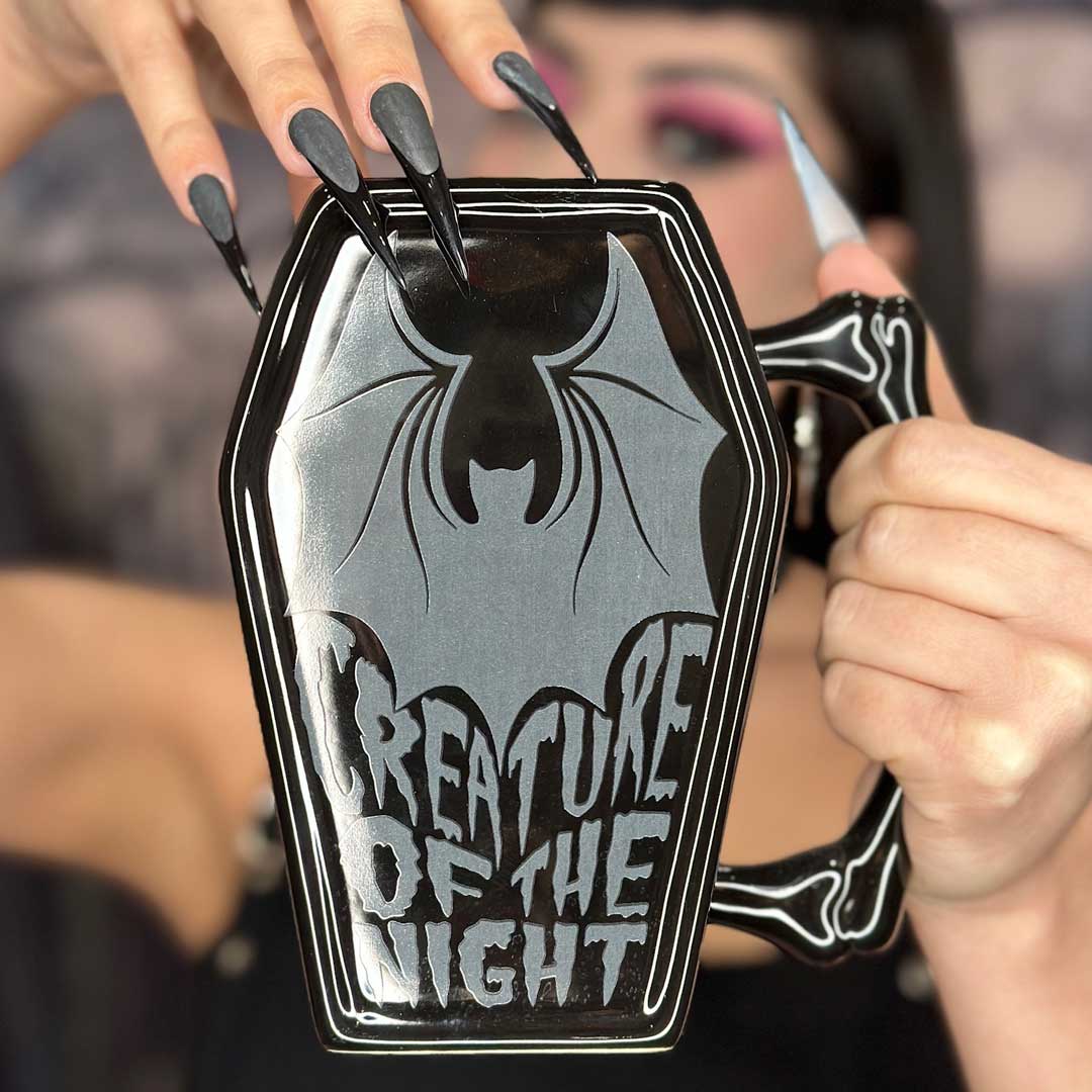 Black Bat Coffee Mug Coffin Shaped with Bone Handle Creature Of Night