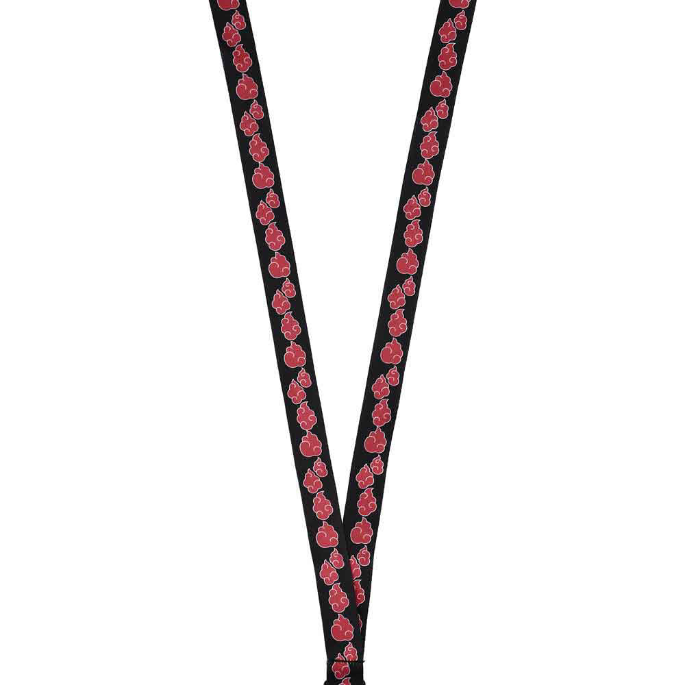 Black Naruto lanyard with Akatsuki's red cloud patterns on a white background
