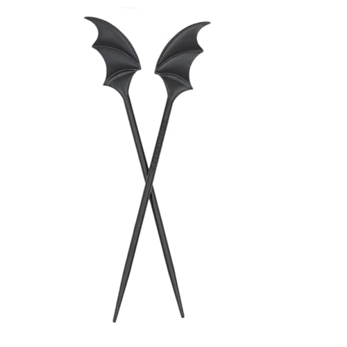 Two black hair sticks with a bat wing design at the top, against a white background.