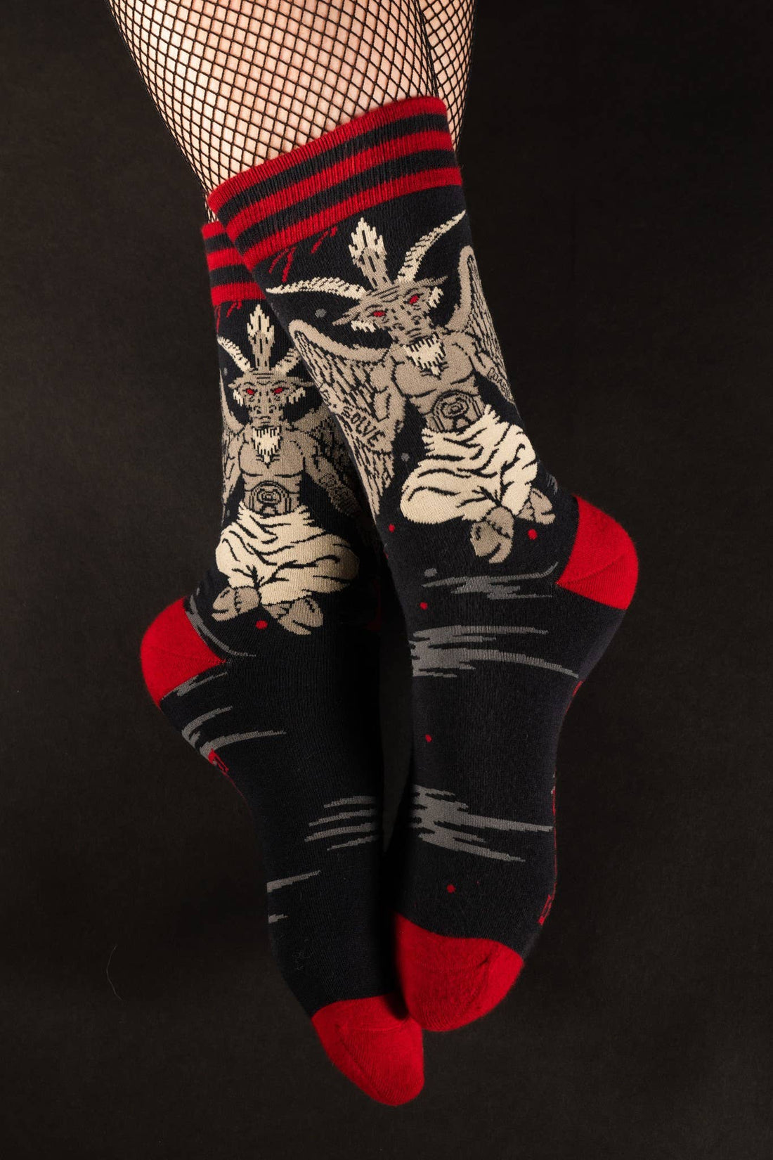 Evil AF Baphomet Crew Socks front view — dark occult Baphomet design on gothic satanic crew sock