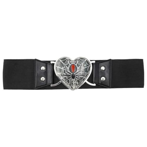 Black Widow Elastic Belt with Gothic Spider Heart Buckle on Stretch Waist Cinch Belt