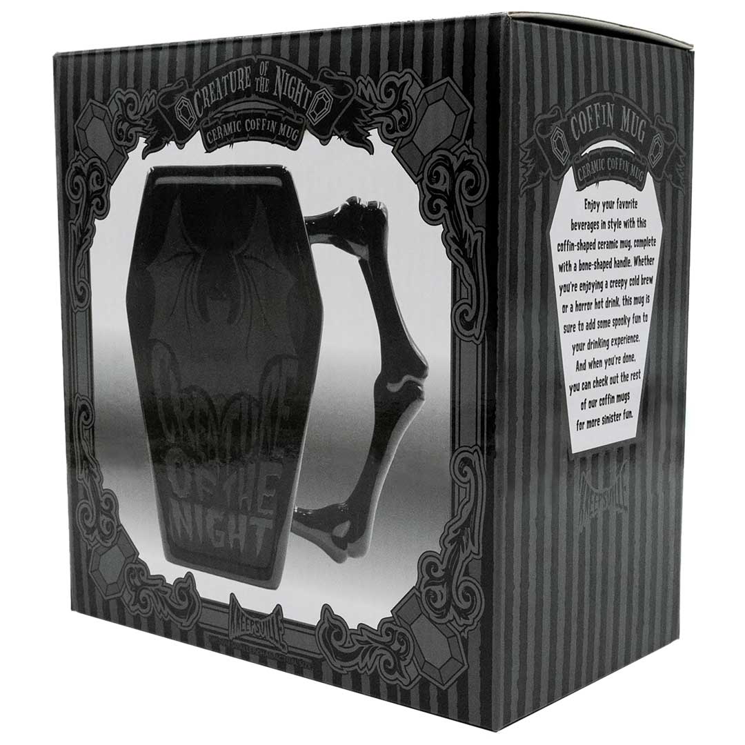 Black Bat Coffee Mug Coffin Shaped with Bone Handle Creature Of Night