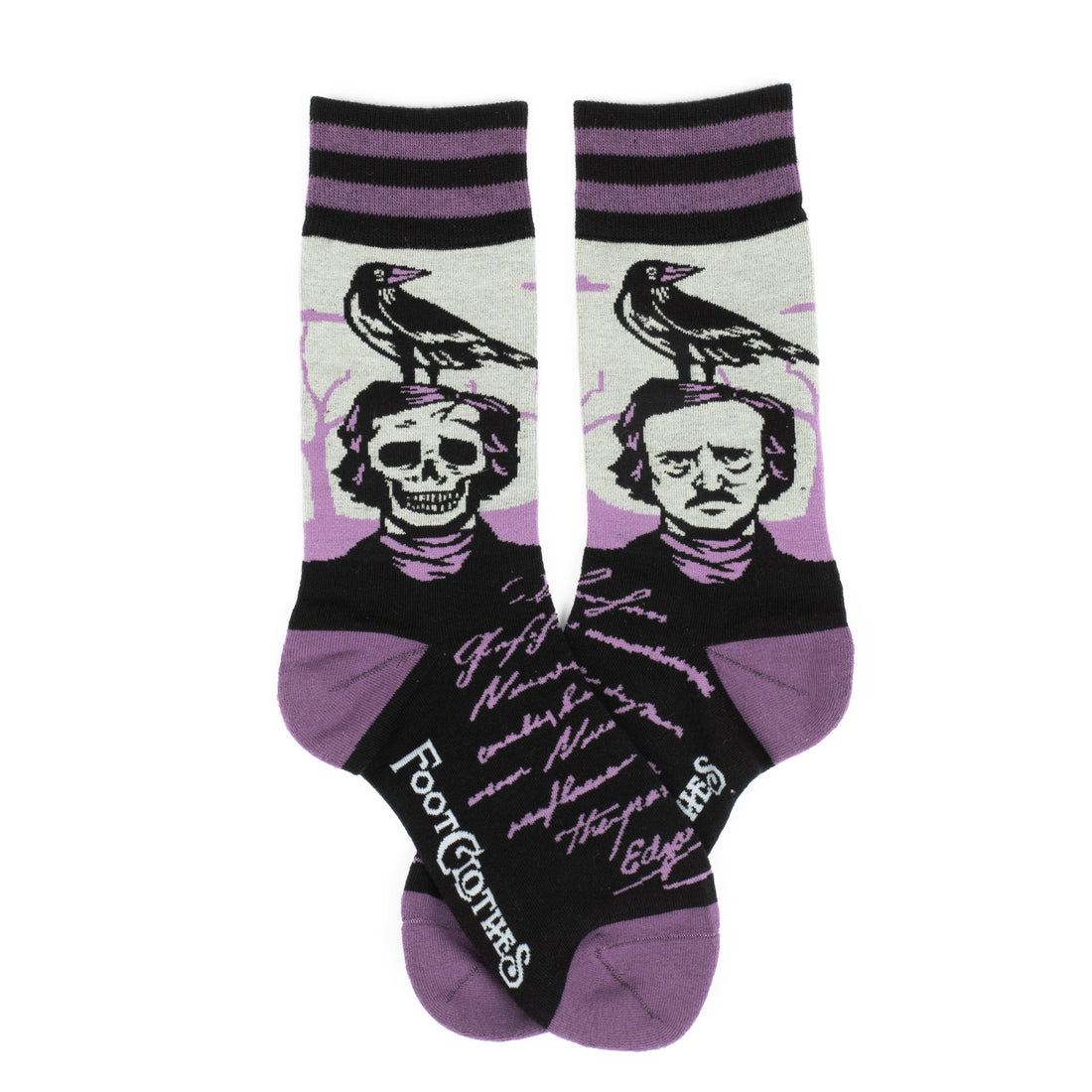 The Raven Poe Crew Socks front view — Edgar Allan Poe Raven gothic literary design on dark novelty crew sock