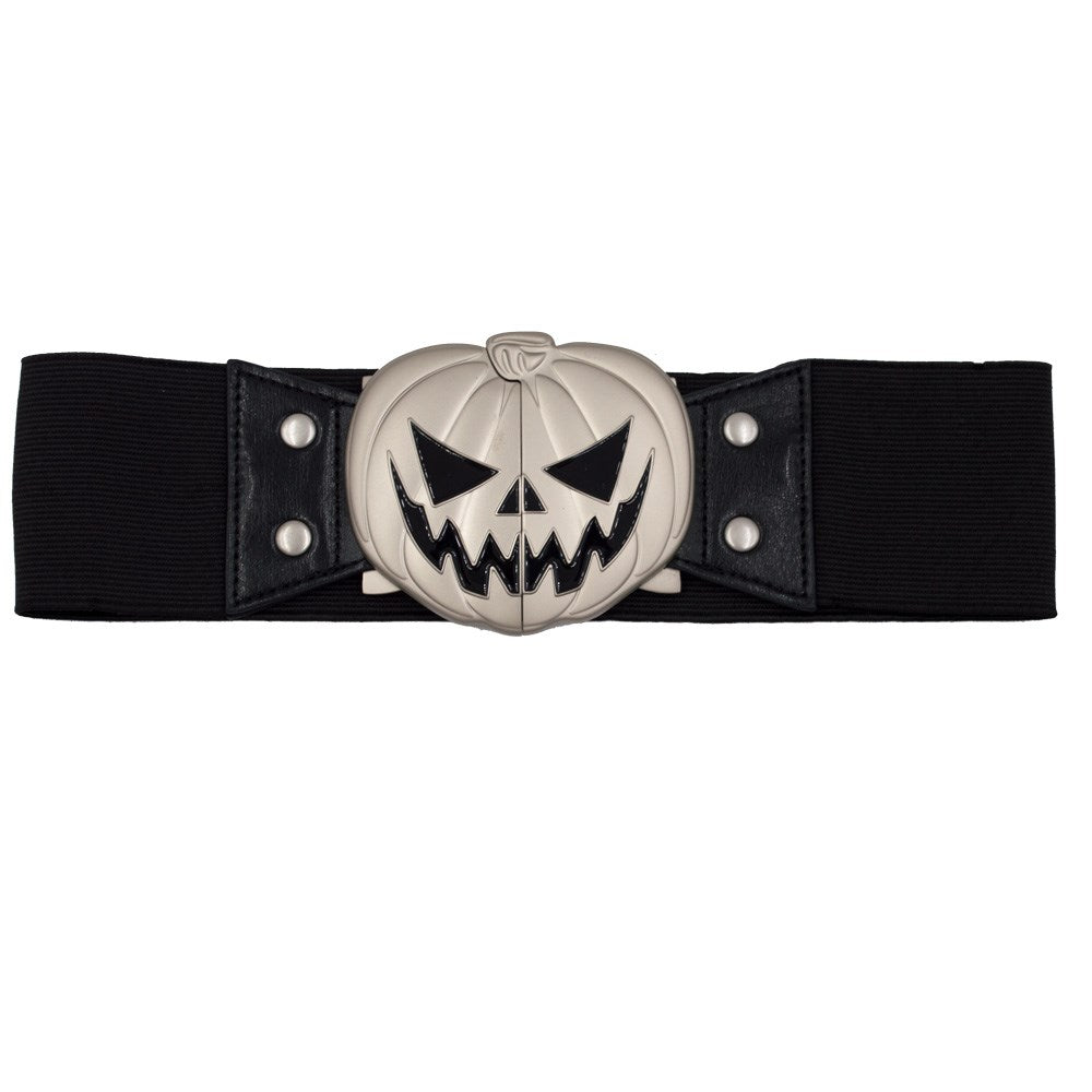 Black elastic waist belt with a silver-tone jack-o’-lantern buckle, black facial details, and silver studs.