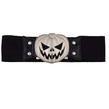 Black elastic waist belt with a silver-tone jack-o’-lantern buckle, black facial details, and silver studs.