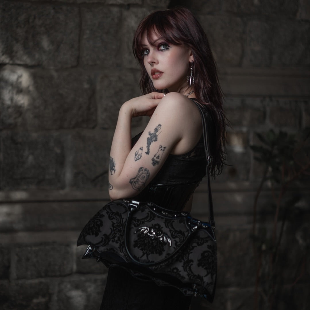 Black Bat Shaped Handbag with Damask Print and Shoulder Strap