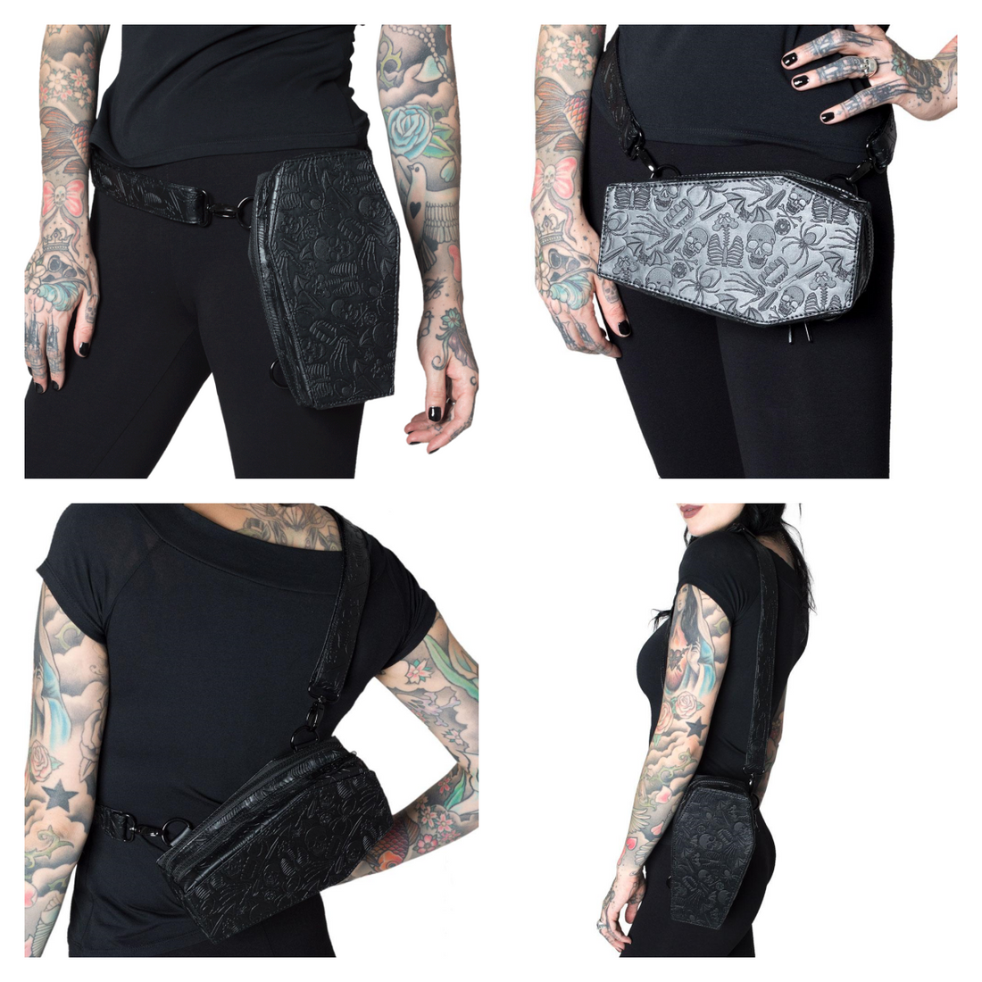 Our Embossed Coffin Hip Pouches can be worn in different ways.  Here's a picture of 4 ways to wear our bag.