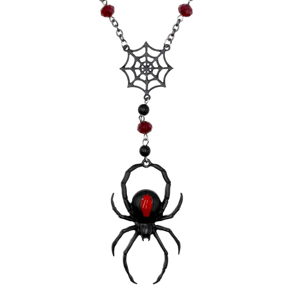 Black Widow Rosary Necklace on 24" Chain  & 2" Spider Charm Gothic Beaded Jewelry