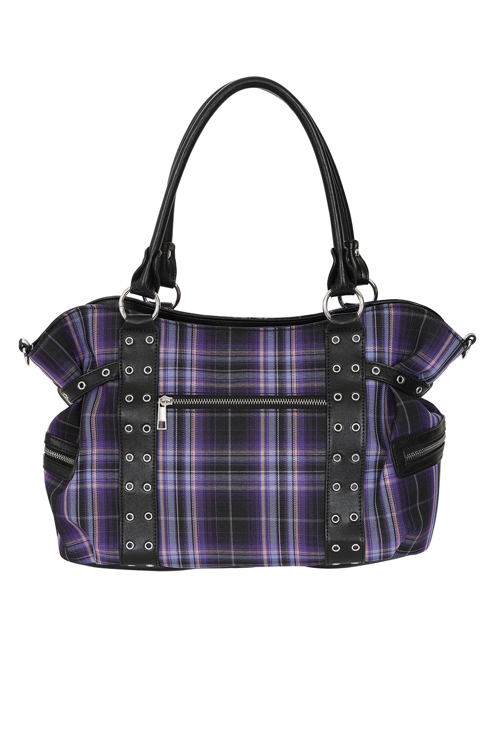 Rise Up Handcuff Goth Punk Rock Black and Purple Plaid Tartan Tote Crossbody Bag Women's Purse