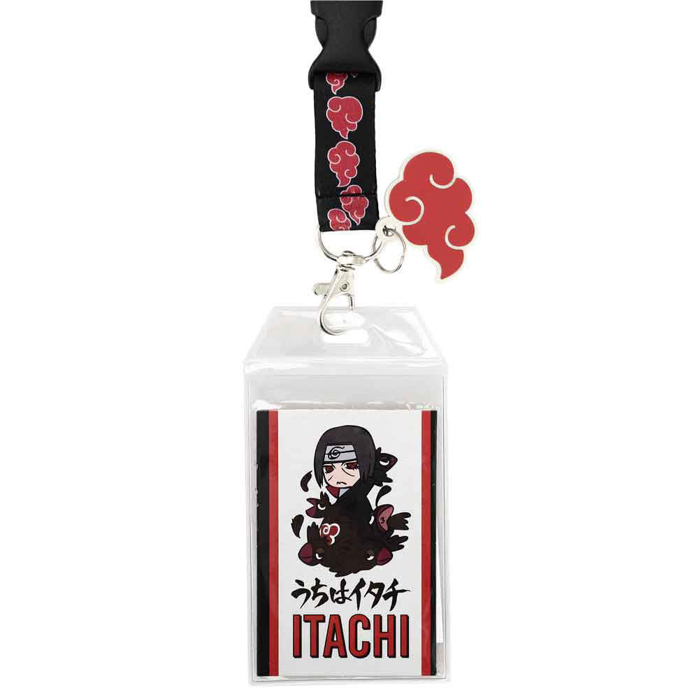 Uchiha Itachi character lanyard with red and black cloud design of Akatsuki on a white background