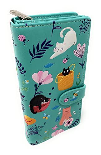 Shag Wear Cats in the Garden Large Wallet for Women Light Teal 7"