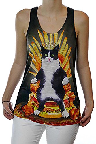 Women's King of the French Fries Funny Cat Graphic Tank Top Small Black Game of Thrones Parody Shirt