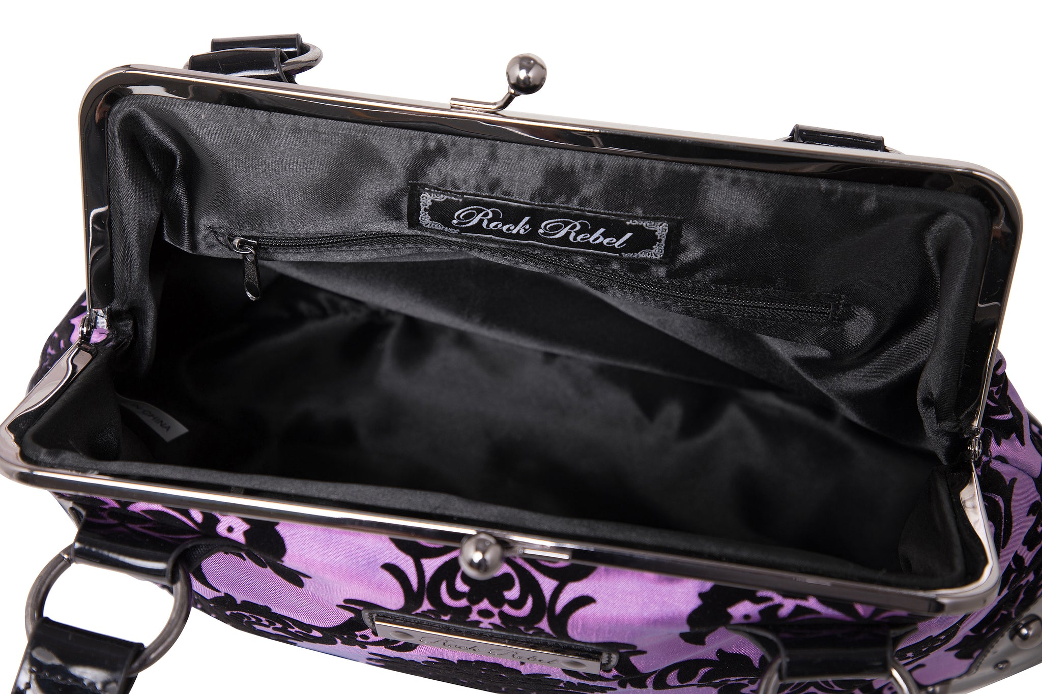 Rock Rebel Mistress Black on Royal Purple Handbag Violet Victorian Damask Retro Kisslock Purse