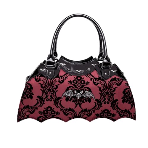 Bat Shaped Handbag with Damask Print and Metal Embellishments on Bag - Includes Shoulder Strap