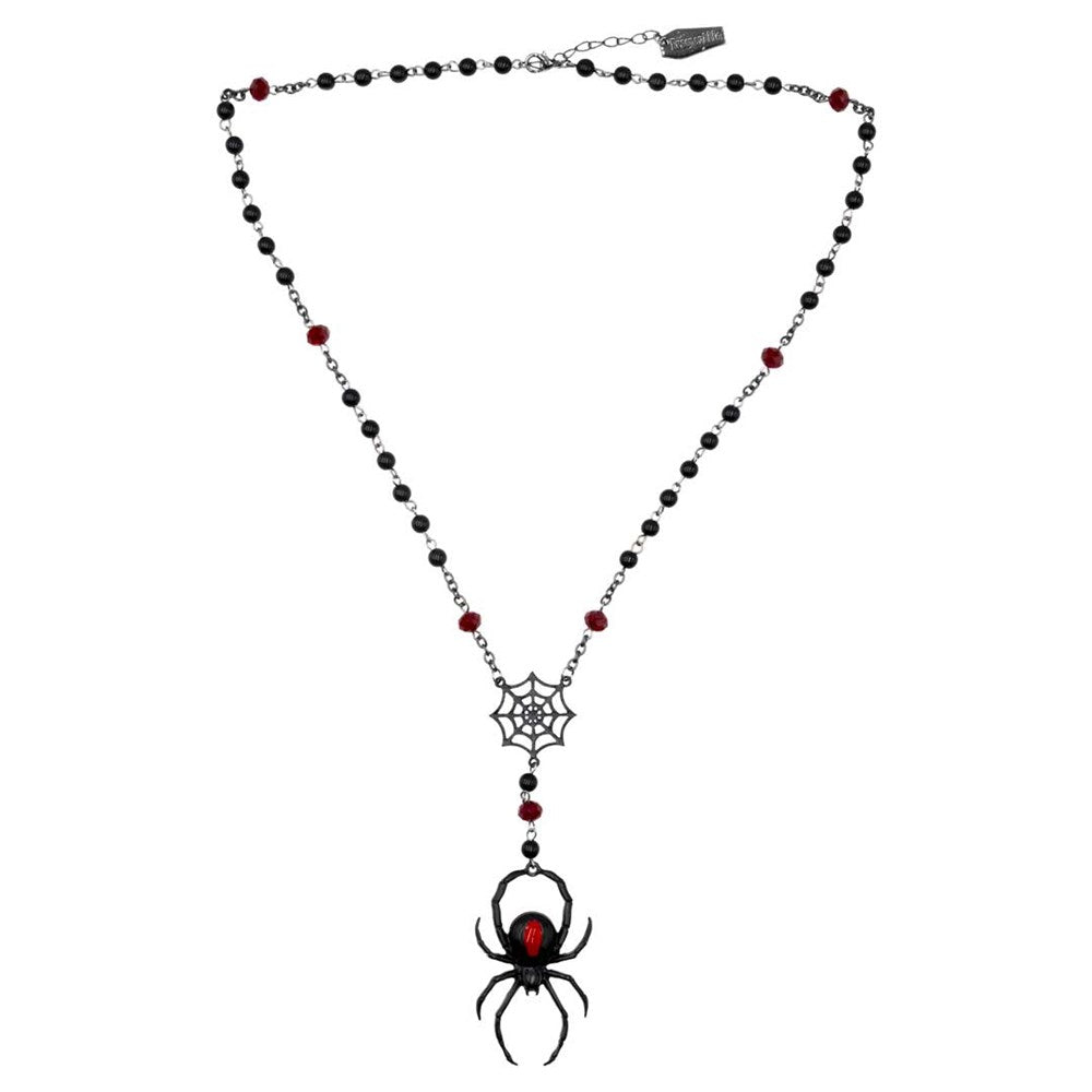 Black Widow Rosary Necklace on 24" Chain  & 2" Spider Charm Gothic Beaded Jewelry
