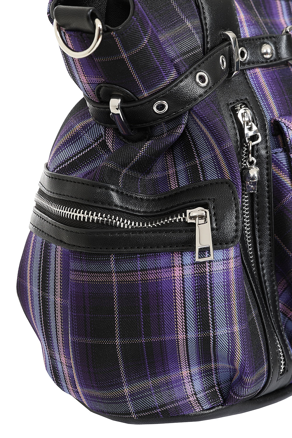 Rise Up Handcuff Goth Punk Rock Black and Purple Plaid Tartan Tote Crossbody Bag Women's Purse